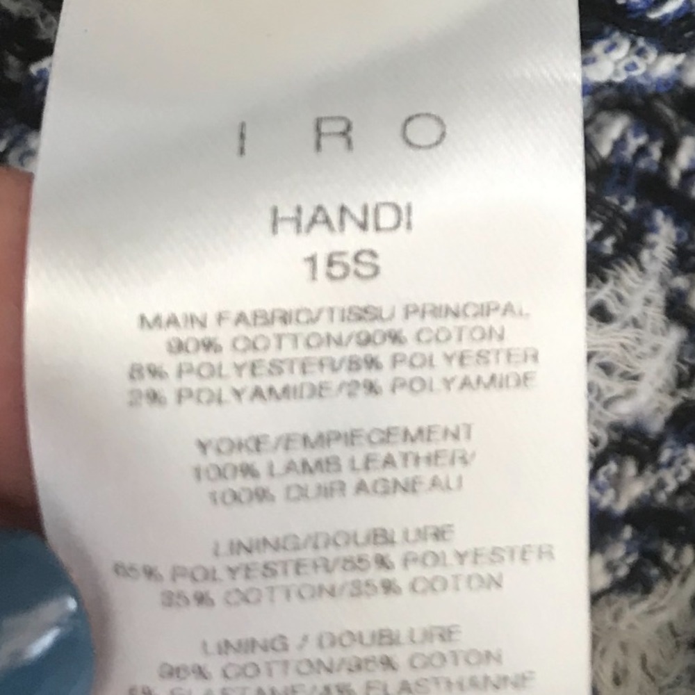 IRO blue/white diamond pattern jacket with white  lamb leather trim, frayed edge - Picture 11 of 13